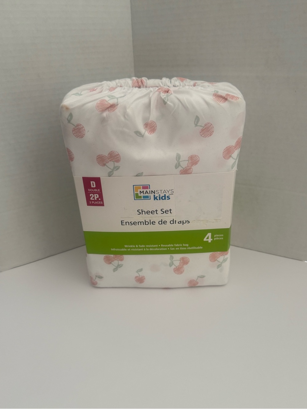 Mainstays Kids Cherry Print Double Sheet Set - White with Pink Cherries